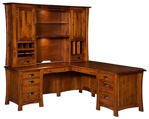 Amish Arts and Crafts Executive Corner Computer Desk Hutch Solid Wood Inlays - Picture 1 of 2