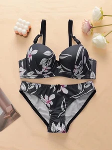 Women's Black Printed Bra Panty Set Sexy Underwire Push Up Lingerie - Picture 1 of 6