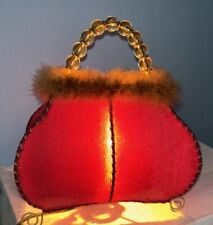 Vintage Red Purse Night Light With Faux Fur And Beaded Handle