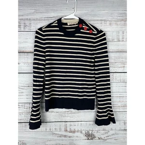 Tory Burch 100% Merino Wool Navy Blue Stripe Sweater Small Red Buttons FLAWED - Picture 1 of 9