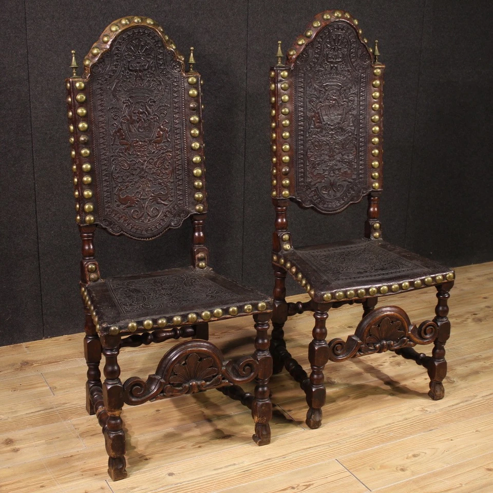 Pair of Italian antique chairs furniture seats armchairs leather wood 18th cent - Image 1 of 4