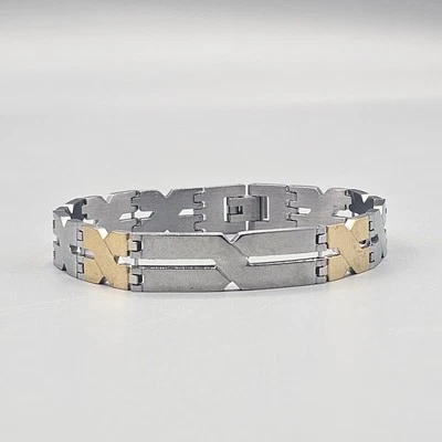 Mens Stainless Steel Two Tone Bracelet 7.5" Geometric X Panels - Image 1 of 4
