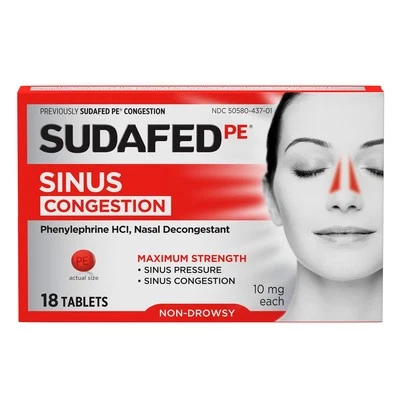 Sudafed Pe Tabletas Alivio de la Congestión Sinusal, Máxima Fuerza, Sin Row Foto 1 de 4