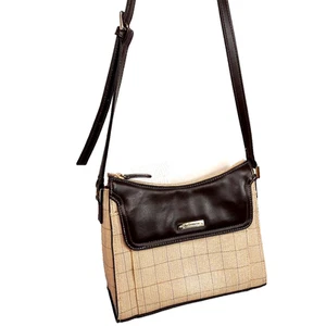 Vintage Y2K LIZ CLAIBORNE Cross Body Purse Plaid Taupe Brown Purple Cottagecore - Picture 1 of 16