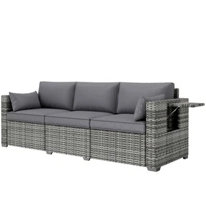 Outsunny 3-Seat Wicker Sofa w/ Side Trays, Outdoor Patio Couch, Mixed Gray - Picture 1 of 11