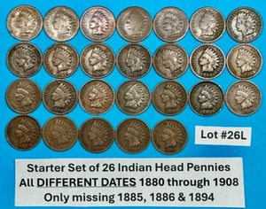 Juego de 26 monedas de centavo cabeza india de iniciación 1880-1908 DIFERENTES FECHAS #26L - Imagen 1 de 5