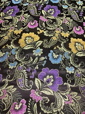 Paisley Faux Silk Fabric Embroidered Dark Brown Purple 36"W BTY Material - Image 1 of 4