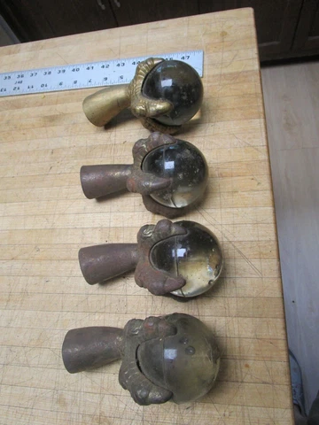 Antique lot of 4 large huge 3" glass ball cast iron claw foot feet ,table legs Cover