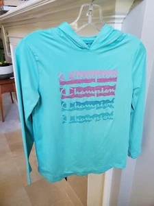 Champion Hooded L/S Shirt with Logos in Pale Aqua-Poly/Spandex-Girl's 10/12-GUC - Picture 1 of 11