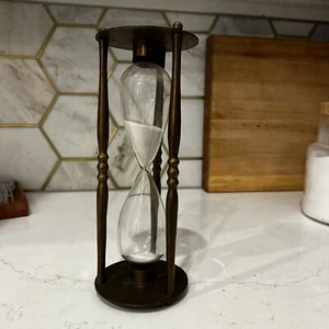 Vintage HOUR GLASS Brass & White Sand 10”ht 28 Min Timer Old Patina Late 20thC - Picture 1 of 9