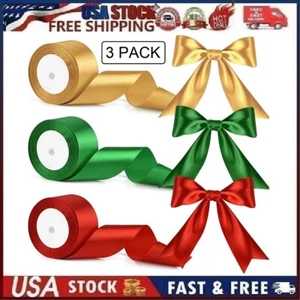 3 Rolls Christmas Satin Ribbon 2 Inch Wide Ribbons for Crafts Red Green Gold ... - Picture 1 of 10