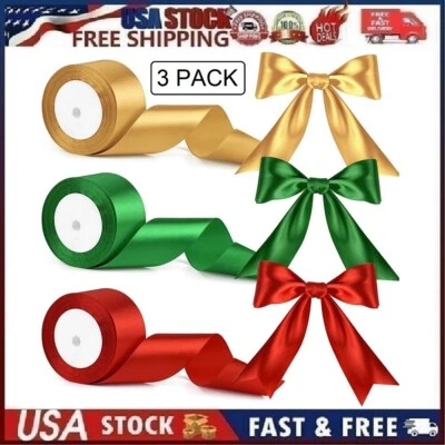 3 Rolls Christmas Satin Ribbon 2 Inch Wide Ribbons for Crafts Red Green Gold ... - Image 1 of 4