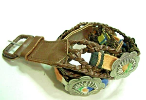 Braided Floral Concho Nylon Stripe Ribbon Belt Dark Deep Brown Leather Size 26 - Picture 1 of 9