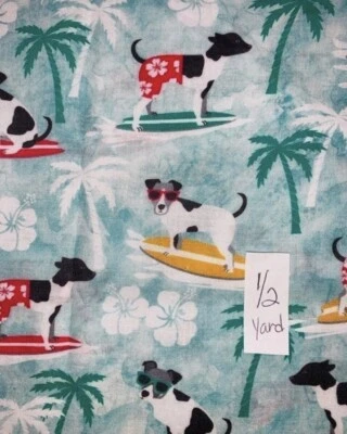 Fabric -1/2 Yard Surf Dogs - 100% Cotton Hawaiian Doggies Surfing Quilt Dog NEW - Image 1 of 2
