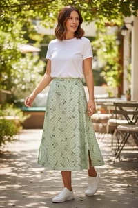 Vintage Bentley Plus Floral Polka Dot Midirock grün Seitenschlitze Cottagecore-18 - Bild 1 von 9