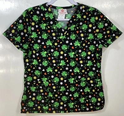 Scrub Top womens size S small Frogs Flowers Hearts Happy black green White Cross - Image 1 of 3