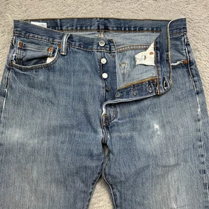 Levis 501 Jeans Mens 34x32 Blue Distressed Fade Straight American Button Fly - Picture 1 of 18