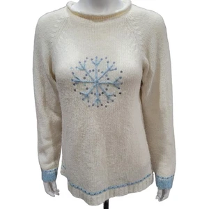 VNTG Y2K Quacker Factory Women’s Snowflake Sweater Small White Blue Sequin Wool - Picture 1 of 9