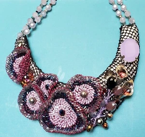 Art Custom Mixed Media Bijou Jewelry Crystal Bead Lace Statement Necklace Bib - Picture 1 of 24