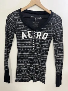 Y2K 90 Lounge Bella Henley Top S Grunge Coquette Festival Snowflake Print Fitted - Picture 1 of 14