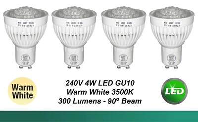 4 x 4W 240V GU10 Wide Beam LED Downlight Globes Bulbs Warm White - 300Lm - 90D - Image 1 of 4