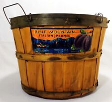 EARLY-MID 20TH C VINT ITALIAN PRUNE STAVED WOOD BASKET W/PAPER LABEL WIRE HANDLE