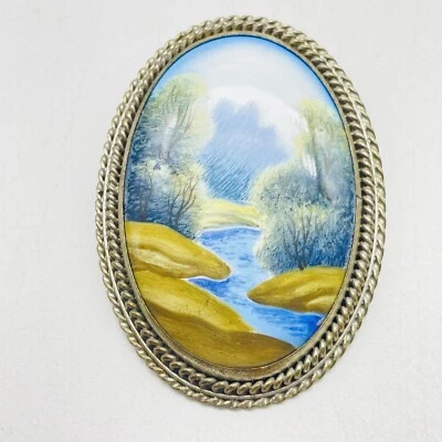 Vintage Hand Painted Scenic Landscape Brooch Oval Pin Art Collectible Nature - Image 1 of 4