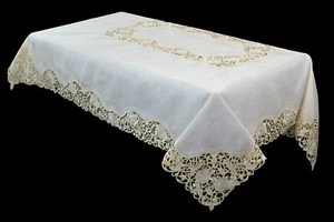 Beige 72x90" Embroidery Floral Embroidered Cutwork Organza Tablecloth Napkins - Picture 1 of 4