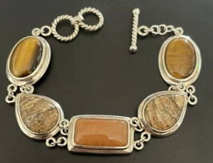 Sterling Silver Tigers Eye Carnelian Agate And Picture Jasper  T-bar Bracelet - Picture 1 of 4