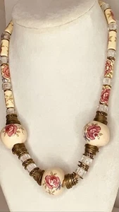 Vintage hand painted rose necklace Spanish Porcelain beads 1940’s 18” Gorgeous - Picture 1 of 5