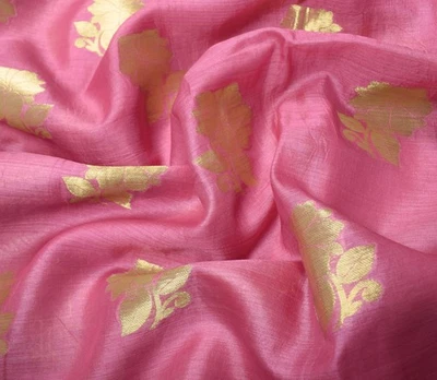 Sari Sushila Vintage Cebolla Rosa con Borde Dorado Sari Tejido Seda Tussar Pura Foto 1 de 4