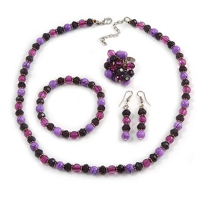 Juego de cuentas de cerámica/vidrio en púrpura profundo/lila/ 48 cm L/ 7 cm extendido/anillo talla 7/8 Foto 1 de 4