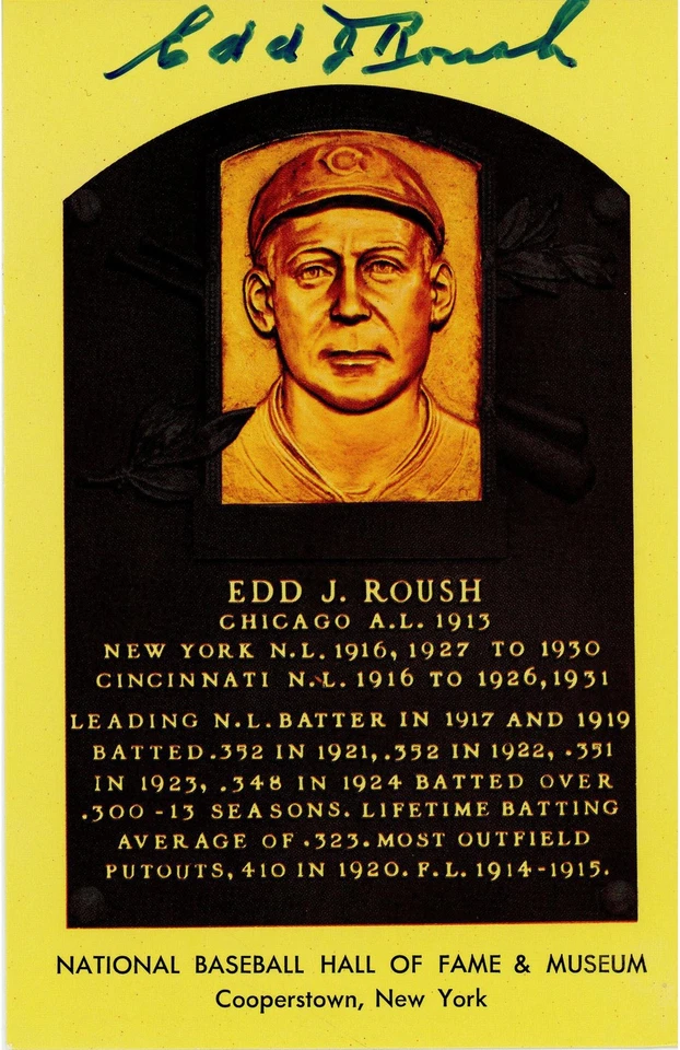 Edd Roush Cincinnati Reds Signed Hall of Fame Plaque Postcard - JSA - Image 1 of 2