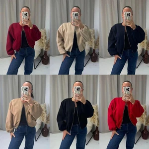 Womens Zip Bomber Jacket Crop Top Ladies Long Balloon Puff Sleeve Zipper Jumper - Picture 1 of 12