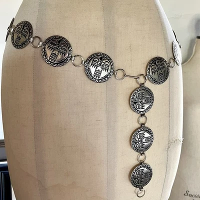 "Cinturón Concho Vintage 36"" Tono Plateado Suroeste Boho Western Vaquera Bajo Colgado" Foto 1 de 2