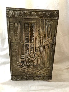 Antique Brass Repousse over Wood Kindling Box Trash Can Victorian Children Dog - Picture 1 of 11