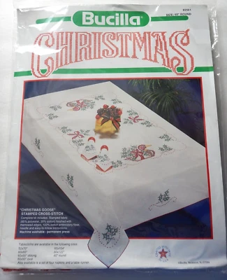 Bucilla 82561 60" Round Stamped Cross Stitch Tablecloth CHRISTMAS GOOSE - Image 1 of 3