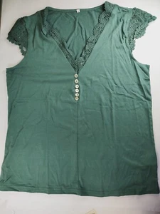 Vrtige Women's Casual Contrast Lave V-Neck Button Cap Sleeve Top Blouse L Green - Picture 1 of 5