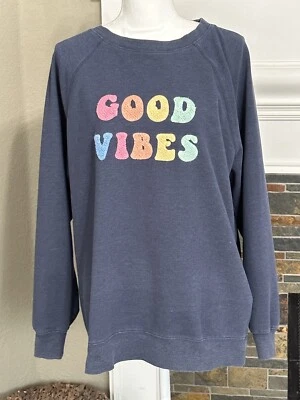 Wildfox Good Vibes Pullover Sweatshirt Oversize Cotton Heather Blue Medium - Image 1 of 4