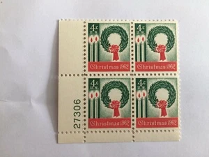 US 1962 USA Scott# 1205 Christmas Wreath Candles Xmas Bow Block 4 MNH P#27306 - Picture 1 of 2