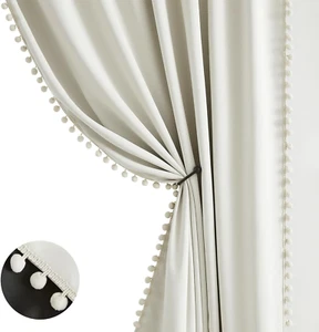 Natural Blackout Curtains for Bedroom Living Room 84Inch Long Iovry/Beige Pom Po - Picture 1 of 9