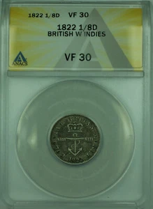 1822 1/8D British West Indies ANACS VF 30 1/8 Dollar Silver Coin KM#2 - Picture 1 of 2