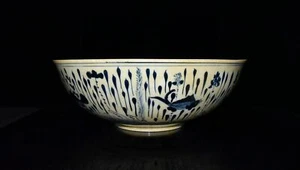 15.7"China Ming dynasty xuande mark blue white Porcelain Fish grass pattern Bowl - Picture 1 of 9
