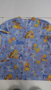 Disney Scrub Top Sz 44" Chest Winnie The Pooh Piglet Tigger Eeyore Blue Cotton - Picture 1 of 10