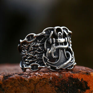 Gothic Ship's Cable Chain Anchor Ring Stainless Steel Men's Vintage Biker Ring