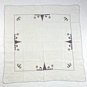 De Colección Mantel de Lino Bordado a Mano Pagodas Árboles Puentes Multicolores 32x32 - Imagen 1 de 9