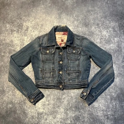 Chaqueta corta de mezclilla Mossimo azul lavado botones bolsillos delanteros para mujer talla M Foto 1 de 4