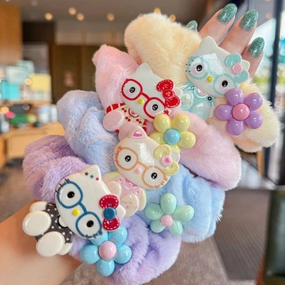 Hello Kitty Plush Scrunchies Set (4 pcs) – Cute Furry Hair Ties with Glasses - Image 1 of 4