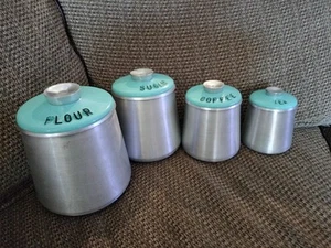 Vintage Kromex Aluminum "Beehive" Canister Set w/Turquoise Lids Set of 4 READ - Picture 1 of 7