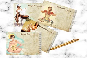 Carte Ricetta Vintage Pinup Girl - Confezione da 8 (4 disegni, 2 di ciascuno) 4x6 carte foderate - Foto 1 di 5